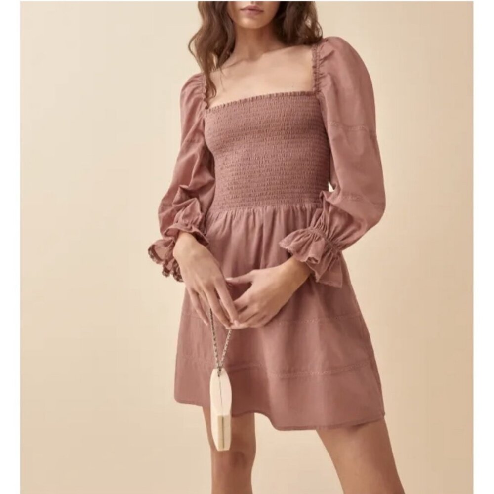 NWT Reformation Dunes Organic Cotton Smocked Mini Dress in Praline